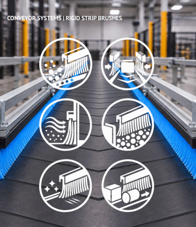 Conveyor systems using rigid strip brushes
